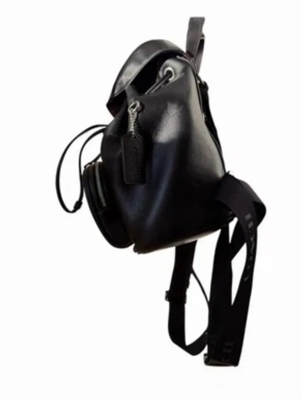 Coach Black Leather Drawstring Backpack with Front Zip Compartment